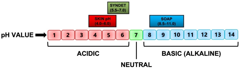 皮膚、合成潔面劑（syndet）與皂基三者的 pH 值範圍比較圖